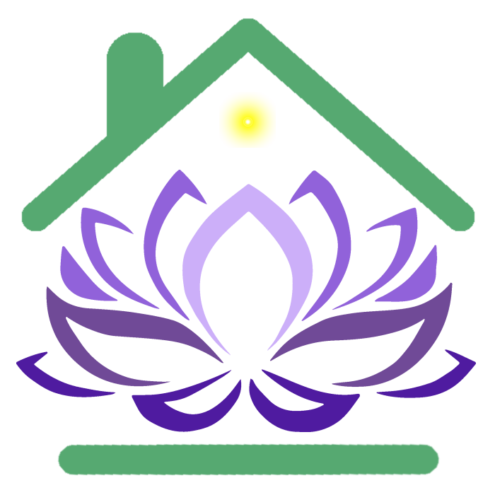 Lineas verdes que simulan techo de dos aguas y piso de una casita con una flor de loto en tonos de morado en el interior y una luz amarilla sobre la flor.